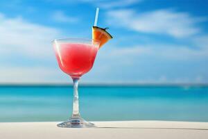 een roze cocktail Aan een strand met een blauw lucht. ai generatief foto