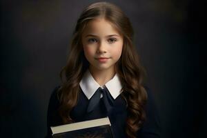 een weinig meisje in een school- uniform Holding een boek. ai generatief foto