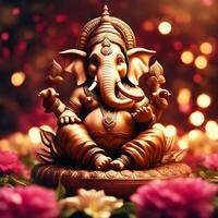 ganesh--hindoe-lord-ganesha-op-decoratieve-achtergrond--grafische-poster-moderne-kunst, heer ganesha beeldhouwwerk met decoratief elementen - ai generatief foto