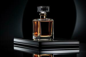 parfum fles mockup voor parfum Product Aan de tafel donker en luxe achtergrond foto