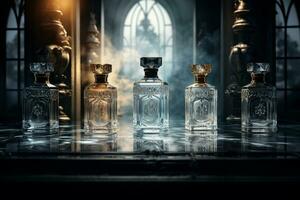 parfum flessen mockup voor parfum Product Aan de tafel luxe achtergrond foto