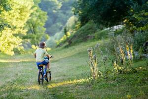 de weinig jongen in een gestreept pak gaat Aan een Woud weg. kind in een beschermend fiets helm rijden een blauw fiets. foto