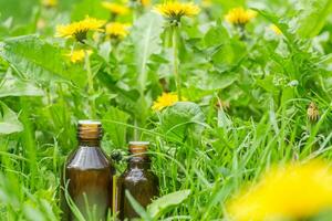 farmaceutisch fles van geneeskunde in gras tegen achtergrond van bloeiend geel bloem taraxacum officinale, of paardebloemen . voorbereiding van geneeskrachtig planten. klaar toverdrank van gras. foto