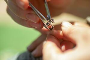 lelijk de kind vuil nagels. mam bezuinigingen uit de baby's lang nagels met nagel tang. foto