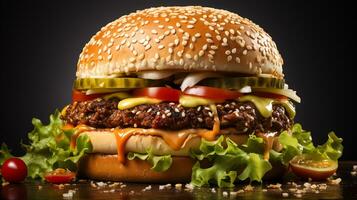 rundvlees hamburger Aan zwart en wit achtergrond genereren ai foto