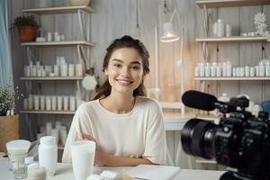 vrouw schoonheid blogger. vrouw vlogger is tonen schoonheidsmiddelen producten terwijl opname video generatief ai foto