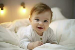 weinig pasgeboren baby jongen glimlachen in wieg, ai gegenereerd foto