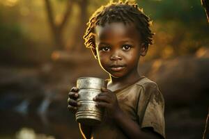 portret kind van Afrika drinken water van mok , detailopname. droogte, gebrek van water probleem. ai gegenereerd foto