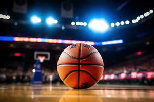 basketbal bal Aan rechtbank met stadion achtergrond. generatief ai foto