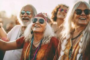 glimlachen groep senior hippies gelukkig menigte. genereren ai foto