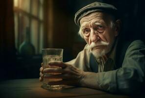 oud Mens eenzaam met water glas drinken. genereren ai foto