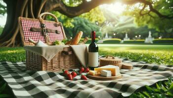 een geruit deken verspreiding in een park met een mand, wijn, kaas, en aardbeien, onder een schaduwrijk boom.. generatief ai foto