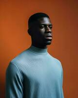 een Afrikaanse Mens vervelend een blauw overhemd is afgebeeld tegen een donker oranje achtergrond in de afbeelding.. generatief ai foto
