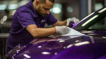 gefocust Mens in een Purper shirt, polijsten een auto.. generatief ai foto