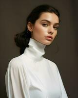 een visie van eenvoud en elegantie, een vrouw draagt een wit trui, belichamend moeiteloos stijl.. generatief ai foto