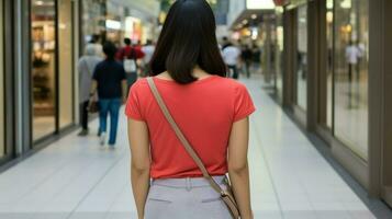 jong Aziatisch vrouw wandelen in een boodschappen doen winkelcentrum. generatief ai foto