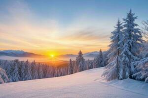 winter met vers sneeuw gedekt bossen en bergen Bij zonsopkomst. achtergrond. ai generatief pro foto