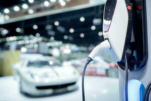 opladen een elektrisch auto accu station, nieuw vernieuwend technologie ev elektrisch voertuig foto