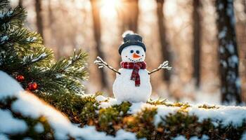 winter vakantie Kerstmis achtergrond banier - detailopname van schattig grappig lachend sneeuwman met wol hoed en sjaal, Aan besneeuwd sneeuw sneeuwlandschap met bokeh lichten, generatief ai foto