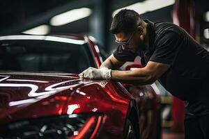 auto detaillering serie, arbeider in beschermend handschoenen polijsten een auto. generatief ai foto