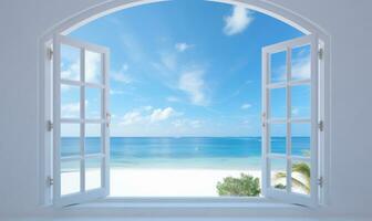 wit venster Open met een visie van de zee ai gegenereerd foto