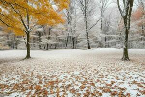 gedaald bladeren in besneeuwd Woud park. achtergrond. ai generatief pro foto