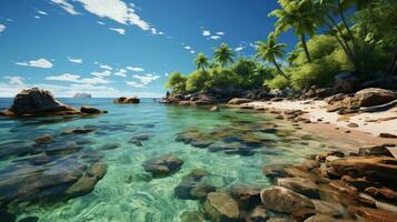 mooi tropisch landschap met palm bomen zee en zanderig strand, concept vakantie in een tropisch paradijs land foto