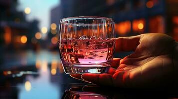glas glas met een alcoholisch drinken in de handen van een Mens foto