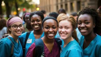 glimlachen jong medisch professionals in een groep instelling.. generatief ai foto