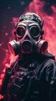 cyberpunk karakter vervelend gas- masker met roze thema. generatief ai foto