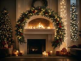 mooi Kerstmis boom en haard Aan houten verdieping in knus leven kamer foto