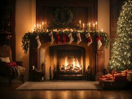 mooi Kerstmis boom en haard Aan houten verdieping in knus leven kamer foto