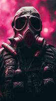 cyberpunk karakter vervelend gas- masker met roze thema. generatief ai foto