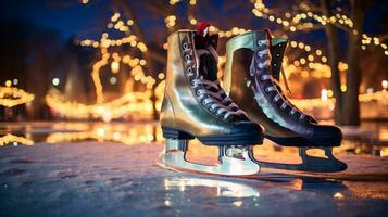 ai generatief een paar- van vintage, retro ijs skates door een bevroren meer in de sneeuw foto