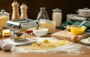 pasta maker met deeg en producten in keuken. genereren ai foto