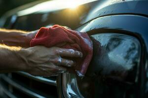 Mens het wassen auto koplamp met vod detailopname Bij ochtend- dag. genereren ai foto