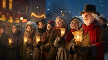 ai generatief mensen, kinderen en volwassenen van verschillend etniciteit en cultuur, het zingen Kerstmis kerstliederen door nacht met kaars in hun handen foto