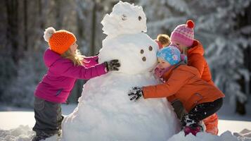 ai generatief kinderen van verschillend etniciteiten gebouw sneeuwman in park met groot sneeuw deken foto