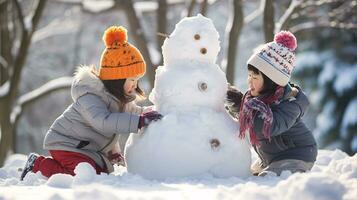 ai generatief kinderen van verschillend etniciteiten gebouw sneeuwman in park met groot sneeuw deken foto