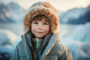 gebundeld kind jongen in warm winter kleren Bij dorp. genereren ai foto