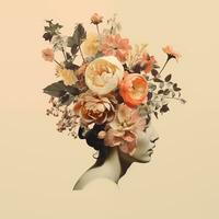 wijnoogst collage beeld van een vrouw met bloemen Aan haar hoofd, ansichtkaart, creatief kunst. gegenereerd door ai foto