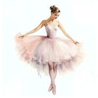 waterverf illustratie van een balletdanseres, jong meisje, tutu, pointe schoenen, vol lengte danser foto