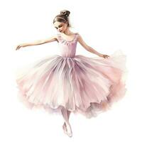 waterverf illustratie van een balletdanseres, jong meisje, tutu, pointe schoenen, vol lengte danser foto