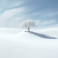 winter minimalistisch landschap, boom, sneeuw, wit achtergrond foto