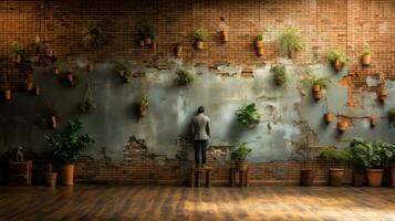 achterzijde visie van zakenman in voorkant geconfronteerd de muur vol van planten. foto