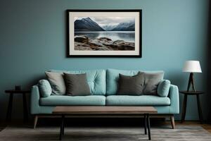 3d geven modern blauw sofa met schilderij ai generatief foto