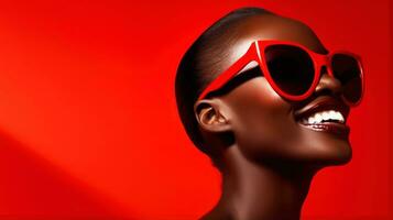 Afrikaanse mooi vrouw model- vervelend funky elegant zonnebril, glimlachen Aan rood achtergrond met copyspace ai gegenereerd foto