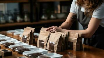 vrouw handen zegel koffie Boon zak pakketjes klaar voor verkoop ai gegenereerd foto