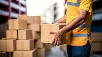 detailopname koerier Holding karton dozen met pakketten binnen voor levering ai gegenereerd foto