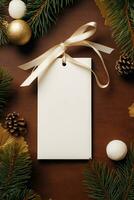 modern geschenk label voor Kerstmis vakantie mockup Aan bruin achtergrond ai gegenereerd foto